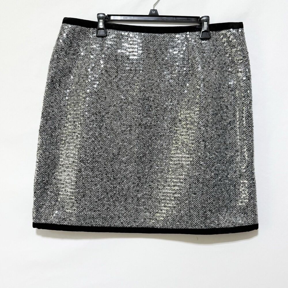 Talbots Sequin Herringbone Skirt Size 14 Gray Black Velvet Trim